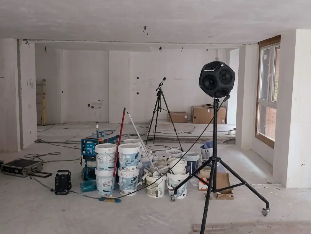Equipos preparados para una medición acústica en el interior de un edificio.